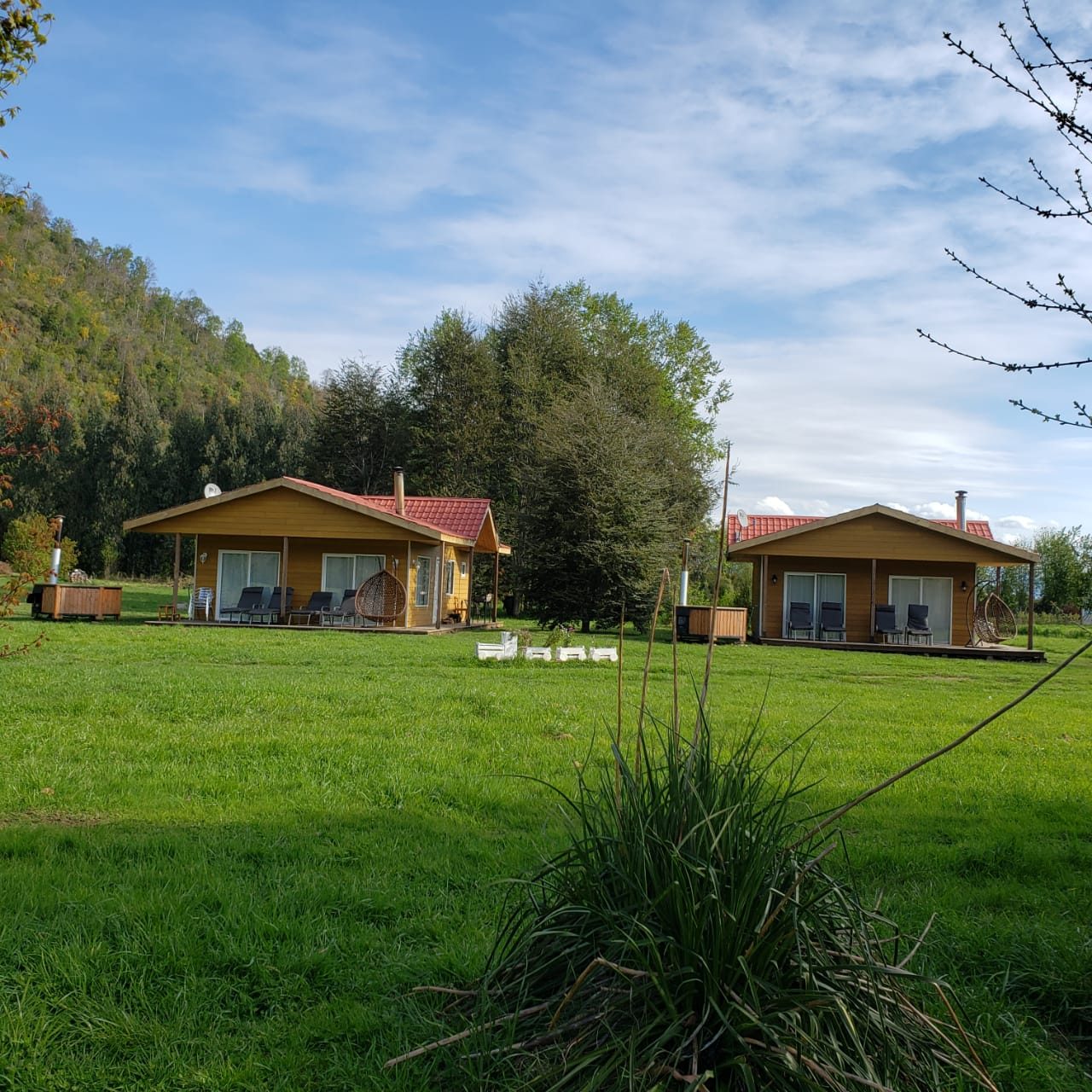 Cabañas rodeadas de parque verde y montañas en Llifen